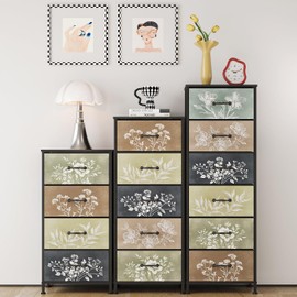 Tohomeor Vintage Dresser Vertical Nightstand with Neutral Botanical Plant Fabric Chest Drawers for Closet Bathroom Storage Tower Unit Bed Side Organizer Farmhouse Rustic (Multi, 5 Drawers)