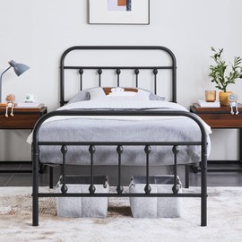 Yaheetech 2 Pcs Twin Bed Frame Metal Platform Bed with Victorian Style Iron-Art Headboard/Footboard/Under Bed Storage/No Box Spring Needed Black