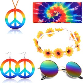 Set de accesorios hippie 5 piezas – Collar paz, aretes, gafas y diademas tie‑dye