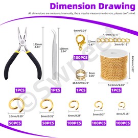 Swpeet 504Pcs Gold 3mm Jewelry Making Chains Kit with Jump Rings, Jewelry Plier, Curved Tweezers, Jump Ring Opener and Lobster Clasps, Jewelry Making Tools for Necklace Making Bracelet DIY