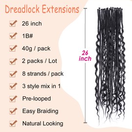 Hippie and Boho Wavy Dreadlock Extensions Sets,3 in 1 Mixed Synthetic Dreads Extensions,Handmade Soft Lightweigth Single Straight & Curly Style Dreadlock for Women(26",16 locs,1B#)