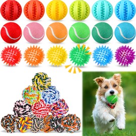 Skylety 30 Pcs Puppy Teething Toys for Small Medium Breed Includes 2.5 Inch Tennis Balls Squeaky Rubber Chew Toys and Treat Balls for Dogs Teething and Intellect Training