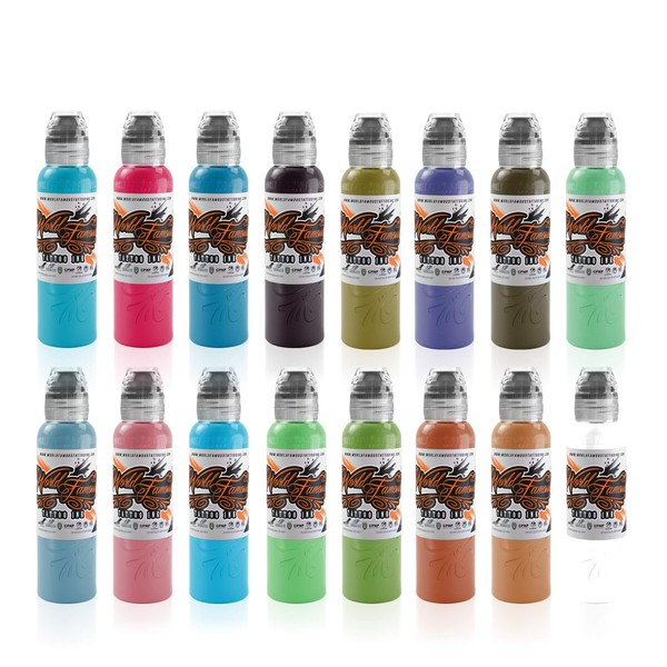 World Famous Tattoo Ink - 16 Color Tattoo Kit #1 - Professional Tattoo Ink in Color Assortment, Includes White Tattoo Ink - Skin-Safe Permanent Tattooing - Vegan & Non-Toxic (1 oz Each)