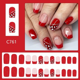 Red French Tip Fake Nails Short Press on Nails Red Square Full Cover Glue on Nails with Leopard Designs Acrylic False Nails Valentines Day Artificial Nails for Women 24Pcs Stick on Nails