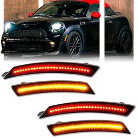 GSOWO 4 PCS Amber/Red Front Rear LED Side Marker Lights Assembly Replacement for 2007-2013/14 Mini Cooper R55 R56 R57 R58 R59 R60 R61, Smoked Lens Front Rear Bumper Marker Lamps Reflectors