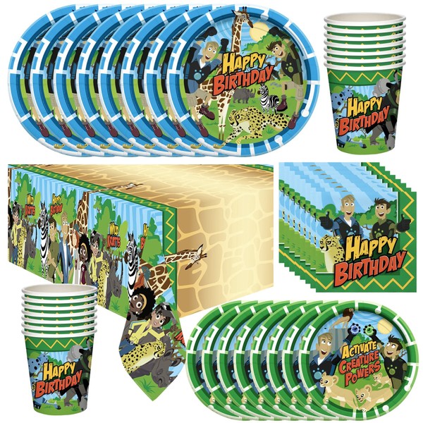 Treasures Gifted Officially Licensed Wild Kratts Birthday Party Supplies - Serves 24 Guests - Dinnerware Deluxe Set Wild Kratts Party Supplies - Wild Kratts Cups, Plates, Tablecloth & Napkins