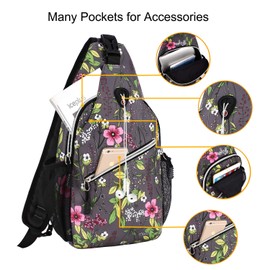 MOSISO Mini Sling Backpack,Small Hiking Daypack Pattern Travel Outdoor Sports Bag, Dark Gray Base Flower