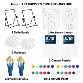 Inburit Acrylic Paint Set for Adults Kids, Paint Set, Painting Kit, Paint Party Kits for Adults & Kids, 4 PCS Canvas Boards with Easel for Painting,4 Acrylic Paint, 16 Brushes,Painting Palette