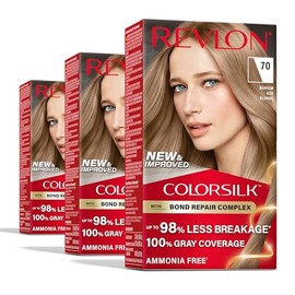 REVLON Revlon ColorSilk with Bond Repair Complex, Permanent Hair Color, 100% Gray Coverage, Ammonia Free Hair Dye, Vegan Keratin, 70 Medium Ash Blonde (Pack of 3)