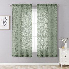 OVZME Anji Sheer Sage Green Curtains 63 Inches Long, Light & Airy Privacy Textured Sheer Drapes, Dual Rod Pocket Voile Clipped Birds Luxury Panels for Kid Bedroom Living Room, 38 x 63 inch, Set of 2