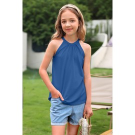 BesserBay Kids Summer Cold Shoulder Button Back Solid Halter Neck Vest Cute Lovely Casual Blue Blouse 11-12 Years