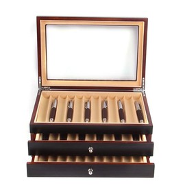 3 Layer Wood Pen Display Box 34 Pen Organizer Box, Pen Display Case Storage Box,Top Glass Window Pen Fountain Collection Display Case (Black)