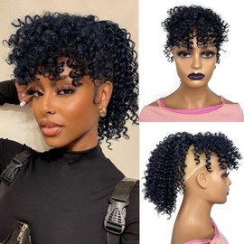 VAVANGA Curly Ponytail with Bangs Drawstring 12inch Short Kinky Curl Hair Ponytail with Bangs Afro Puff Clip in Hair Piece for Black Women