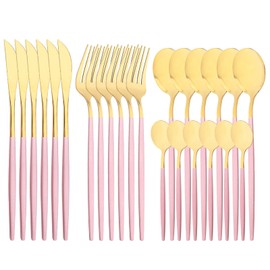 Snplowum - Juego de cubiertos con espejo, 24 piezas de acero inoxidable 18/0 con mango rosa, vajilla simple y moderna para fiestas en casa, restaurante, cena de Navidad, servicio para 6 (oro rosa)
