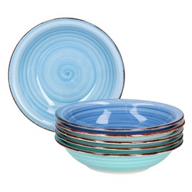 MamboCat Blue 6 x Soup Plates Blue I Robust Blue Stoneware Crockery for 6 People I Set of 6 Deep Plates with Modern Swirl Decor in Great Blue Tones I Blue Plates Deep 6 Pieces