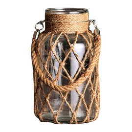 Macrame Wrapped Glass Vase, Rustic Farmhouse-Style Flower Urn, Clear Glass Vase with Jute Rope Design, Decor for Dried, Fresh Flowers