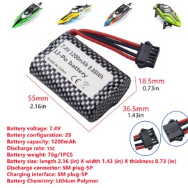 Fytoo 7.4V 1200mah Li-ion Battery with USB Charging Cable for R206 R208 R308 TX122 TX123 H106 2008 V003 RC Boat Batteries with SM-5P Plugs