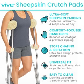 Vive Sheepskin Crutch Pads & Hand Grips - Comfortable, Breathable, Machine Washable Padding for Adults - Premium Accessory Covers for Crutches, Armpits - Latex-Free & Non-Toxic