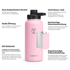 HydroPal Stainless Steel Drinking Bottle - 750 ml, 1 L, 1.2 L, BPA-Free, Suitable for Carbonated Drinks, Insulated Thermos Flask with Straw and 2 Lids, Leak-Proof Insulated Bottle for Children,