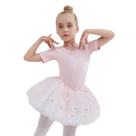 Tancefair Girls' Ballet Tutu Dress Cotton Ballet Outfit Short Sleeve Gymnastics Dance Leotard Water-drop Hollow Back with Shiny Tutu Skirt