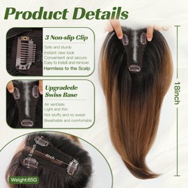 starluck 18 Inch Sandy Brown & Black Layered Hair Topper with Bangs for Women, Synthetic Hair Toppers Hair Pieces Swiss Base with 3 Clips Toppers for Women with Thinning Hair Grey Hair Hair Loss