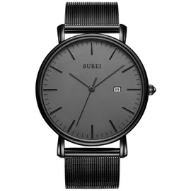 Burei Men’s Watches, Ultra Thin, Black, Minimalist Quartz with Date Display, darkgray