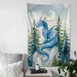 QEOPGNE Wall Tapestry Wall Art Watercolor Style Blue Dragon Moon Fantasy Cute Tapestry Wall Hanging Wall Decor for Bedroom Living Room Decor for Men And Woman 40"x60"