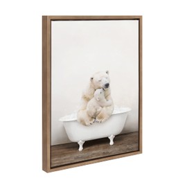 Kate and Laurel Sylvie Mother and Baby Polar Bear in Rustic Bath Framed Canvas Wall Art by Amy Peterson Art Studio, 18x24 Gold, Modern Fun Decorative Bathtub Wall Art for Home Décor