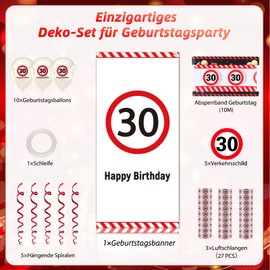 WenmthG 30th Birthday Decoration Men Women, 30th Birthday Decoration with Banner, Garland, Balloons, Barrier Tape, Streamers - Traffic Sign for 30 Years, Traffic Sign 30th Birthday Decoration