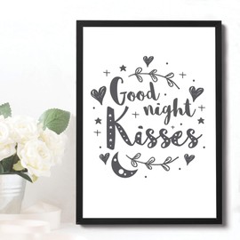 RED OCEAN Cute Boys Bedroom Print Boys Bedroom Wall Art Decor Grey Nursery Print Baby Gift Keepsake (A4 Print with Black Frame - Goodnight Kisses White Grey)