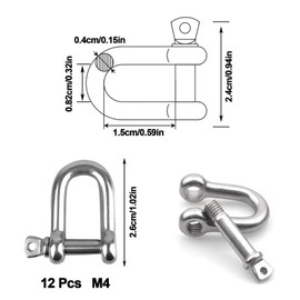 Shackle D Shape, 12Pcs M4 D Ring Shackles, Stainless Steel M4 D Ring Screw Shackles with Pins, 304 stainless steel D ring Shackle, D Shape Screw Bolt Wire Rope, for Chains Wire Rope Lifting