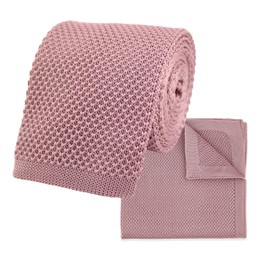 THE GENTS LAB 100% Polyester Square End Knitted Tie & Pocket Square Sets - Many Colours (Dusty Pink)