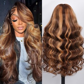 Smilenice 210% Density 13x6 Highlight Ombre Full Lace Frontal Wigs Human Hair 12A Body Wave Brazilian Human Hair Pre Plucked 4/27 Honey Blonde HD Glueless Transparent Lace with Baby Hair 28 Inch