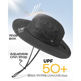 FURTALK Sun Hats for Men Women Packable Wide Brim Summer UV Protection Fishing Hat UPF 50+ Adjustable Chin Strap Bucket Hat Outdoor Black