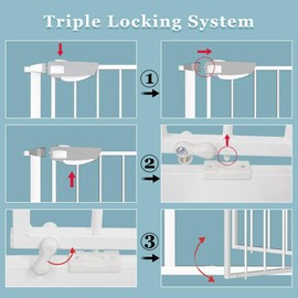 WAOWAO Triple Lock Baby Gate Extra Wide 44.48-48.42" Pressure Mounted Walk Through Swing Auto Close Safety White Metal Child Kids Dog Pet Puppy Cat for Stairs,Doorways