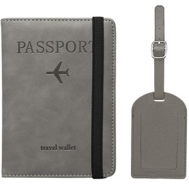Passport Holder Cover Case with Elastic Strap and Luggage Tag,H HOME-MART PU Passport Holder with Suitcase Tag,RFID Blocking Document Organizer Protector,for Boarding Passes (Grey)