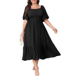 CICIDUDU Plus Size Formal Wedding Guest Dress for Curvy Women Square Neck Flutter Sleeve Empire Waist Flowy Maxi Dresses Black