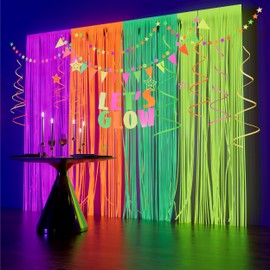 Glow in The Dark Party Supplies Set,Let's Glow Banner Neon Streamers Neon Garland Triangle Flag Fluorescent Tinsel Foil Fringe Curtains Glow Glasses UV Blacklight Reactive Kit For Birthday Wedding