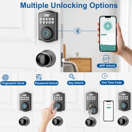 BAFUWEIY Fingerprint Door Lock with Door Knobs Set, Keyless Entry Door Lock Deadbolt with Handle, Smart Front Door Lock Set with APP Control/Fingerprints/Passwords/Auto-Lock/Easy Installation Black