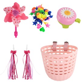 Kids Bike Basket Set - Pink Bicycle Basket with Wheel Spoke Beads Bicycle Bell Bicycle Windmill Bike Tassels. with Ajustable Straps, Detachable Girls Bicycle Accessories for Birthday