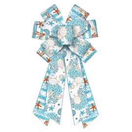 On-Airstore Large Summer Wreath Bows Ocean Burlap Bows for Wreath, Blue Stripe Ribbon Bows Sea Turtle Starfish Decor Bows for Summer Indoor Outdoor Decoration Wreath Ornament Supplies