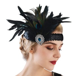 IYOU Feather Gatsby Headpiece Black Rhinestone 1920s Flapper Headband Prom Costume Wedding Hair Accessories for Women