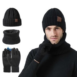 AYPOW Winter Hat Scarf and Gloves Set Men Women, Knitted Thermal Beanie Hat Fleece Lining Neck Warmer Snood Warm Touchscreen Gloves Gift Set, Cold Weather Set 3 in 1 Outdoor Skiing Cycling Hiking
