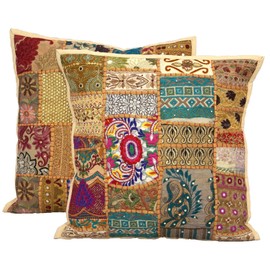 2Pcs Indian Handmade Decorative Vintage Sequin Patchwork Embroidery Exclusive Floor Home Decor Pillow Case Cushion Cover 40cmx40cm (Beige)