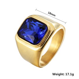 PMTIER Men's Stainless Steel Gold Plated Ring with Square Blue Gem Stone Size 11