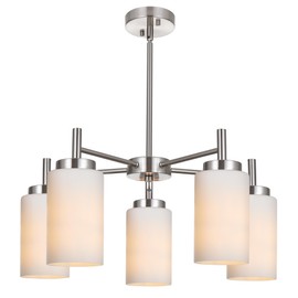 VINLUZ 5-Light Brushed Nickel Chandeliers Lighting Contemporary Modern Pendant Lamp with Opal White Glass Shade Farmhouse Dining Room Lighting Fixtures Hanging Adjustable for Kitchen Island