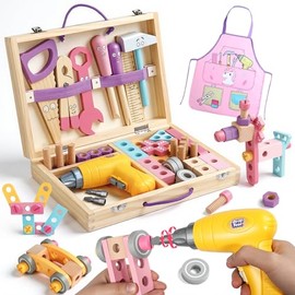 TONZE Pink Wooden Kids Tool Set with Drill 44Pcs Educational Montessori Toys for 3 Year Old Girl, STEM Toys Toddler Tool Set with Apron & Box Birthday Gifts for 3 4 5 6 Year Old Girls