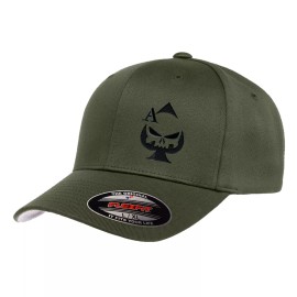 Flexfit Ace of Spades Sniper Embroidered FLEXFIT Olive Military P u nisher Skull Cap Hat - S/M, Black on Olive