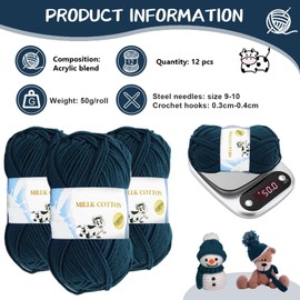 Pack of 12 Crochet Yarn, 12 x 50 g Crochet Yarn, Hand Knitting Yarn for Beginners, Cotton Baby Wool for Crochet and Knitting Project, Cotton Crochet Yarn (Navy Blue)