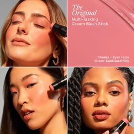 Nudestix Nudies Blush Stick – 3-in-1 Cream Blush for Cheeks, Eyes & Lips with Built-In Brush Soft Matte Finish for a Natural Flush Sunkissed Pink 3 en 1, rubor cremoso, labios, párpados, acabado mate suave, cepillo incorporado